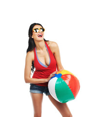 Happy woman, portrait and beach ball in summer fashion for pool party isolated on a transparent PNG...