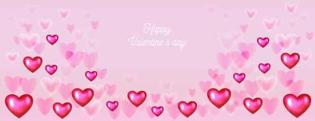 Bright banner happy Valentine’s day. Vector illustration smoke, shine, smooth heart fon. Glowing, hearts on a pink background. Horizontal border with copy space back.