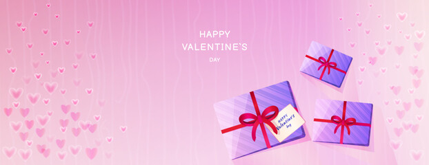 Bright banner happy Valentine’s day. Horizontal border with copy space. Vector illustration stylized shine, smooth, smoke hearts, cute gift box on the pink background. Suitable for email header, post