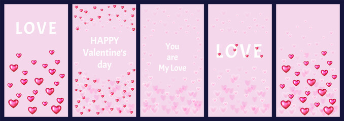 Collage bright simple stories templates. Set Happy Valentine’s day, love, you are my love. Set of festive vector illustration templates with bright hearts. Graphics suitable for use for banner