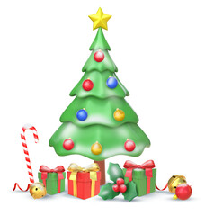 Fototapeta premium 3D Rendering Christmas Tree With Christmas Elements Isolated On Transparent Background, PNG File Add