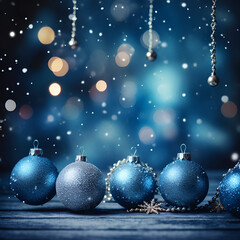 Illustrative Christmas background in blue with Christmas baubles