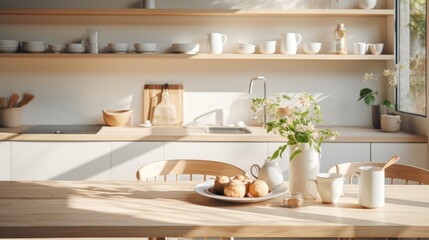 kitchen in Scandinavian style, bright, atmospheric, with shelves on the wall and dishes.