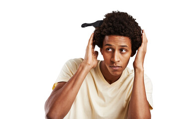 Man, looking and hair for grooming, brushing or care for style with comb in afro. Black person,...