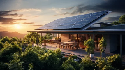 Tuinposter Eco friendly technology in a modern home, solar panels on the roof and energy-efficient appliances © 1st footage