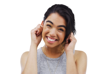 Isolated woman, pull ears and funny face with smile in portrait for comic joke by transparent png background. Student girl, model person and happy with emoji, listening or hearing with hands by head