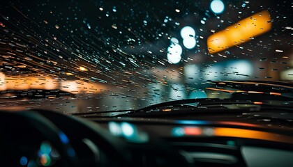 Raindrops race down the windshield as wipers sweep back and forth furiously
