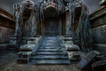 Fototapeta na wymiar Fantasy ancient temple entrance with stone steps leading to a heavy wooden door. 3D illustration.