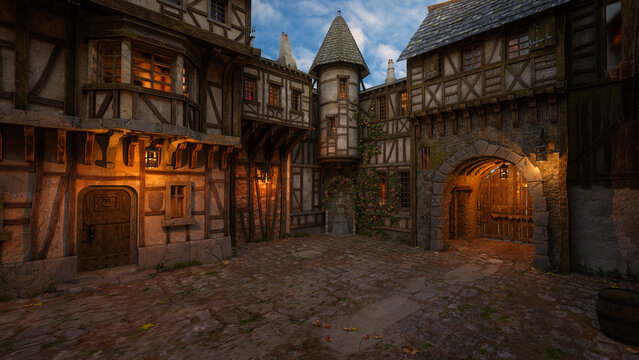 Fantasy medieval town courtyard with cobblestone street, lit by lanterns at dusk. 3D rendering.