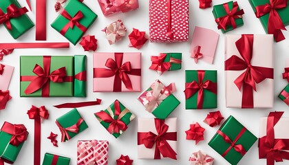 Vibrant gift wraps of red, green, pink and patterned paper are wrapped neatly into squares and rectangles