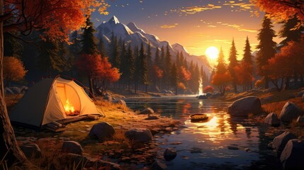 A serene campsite at sunrise with tents photo realistic illustration - Generative AI.