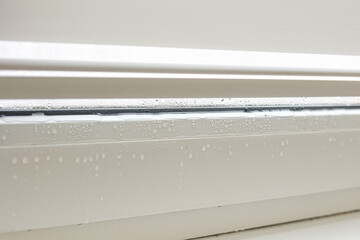 Water droplets condensation on white metal-plastic frame of window indoors room. High humidity....