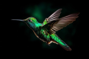 Fototapeta premium Glowing green hummingbird flying on black background. Radiant verdant tiny bird with open wings flight. Generate ai