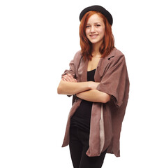 Happy, portrait and woman with arms crossed, fashion or confidence on isolated, transparent or png...