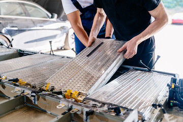 batteries of the electric car motor. electric car battery or pack of battery cells module.