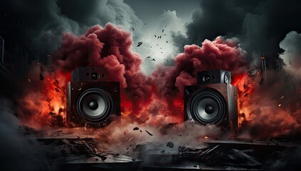 red and black sound speakers on a background with smoke and red
