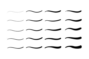 Set of Swoosh and swoops underline typography tail shapes. Brush drawn thick curved smear. Hand drawn curly swish, swash, squiggle, twiddle. Vector calligraphy doodle swirl. Vector