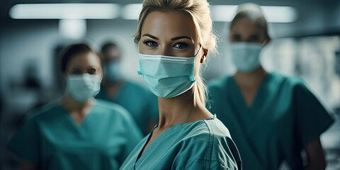 dental assistants wear medical protective masks in a doctors office - obrazy, fototapety, plakaty