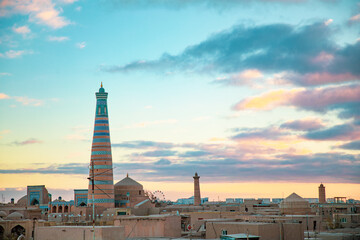 Fototapeta premium a beautiful historical structure in the evening time inside the Fortress, Khiva, the Khoresm agricultural oasis, Citadel.