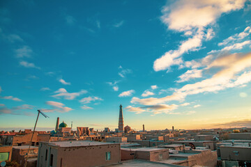 colorful View of a entire Fortress City inside in the evening weather, Khiva, the Khoresm agricultural oasis, Citadel.