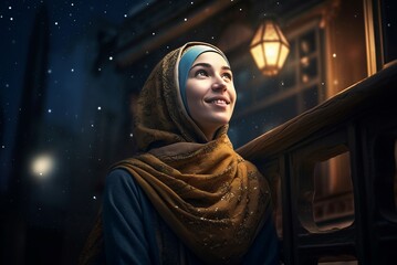 Smiling woman in hijab admiring the stars. Muslim religious woman looking to the sky. Generate ai - obrazy, fototapety, plakaty