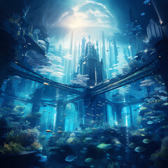 otherworldly cityscape beneath the surface of a tranquil underwater world.