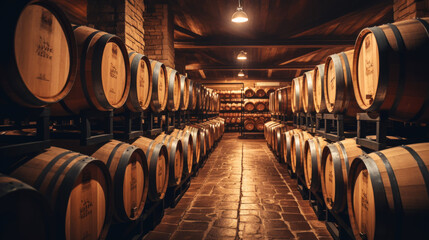 Rows of wine barrels in wine-vaults in order. Cellar with French barrique wine casks. Generative AI