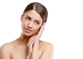 Skincare touch, natural beauty and woman isolated on a transparent png background. Cosmetics, hands and serious person in facial treatment, healthy aesthetic and smooth skin, dermatology and wellness