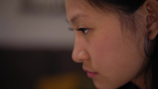 Close up side view of the face of a young Chinese woman concentrated looking at the laptop working. Copy space footage.