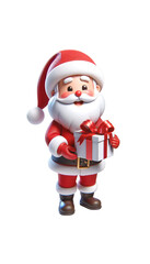 3D illustrations of a cute Santa Claus in full body view, holding a gift box