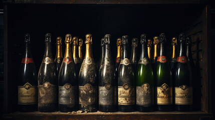 Group of old wine bottles in the ancient cellar. Vinery concept. Front view. Generative AI