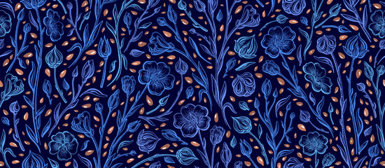 Flax flower, linen seed Vector seamless pattern - obrazy, fototapety, plakaty
