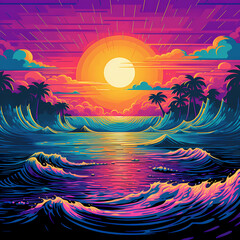 pattern that combines the nostalgia of pixel art with the vibrant energy of retro wave aesthetics