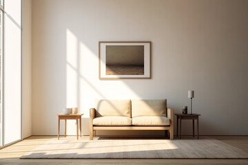 Decoration for living room mix of italian and roman, Large blank frame on wall, White and ivory colors, sunlight ray from window,