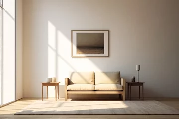 Fototapeten Decoration for living room mix of italian and roman, Large blank frame on wall, White and ivory colors, sunlight ray from window, © Micromedia