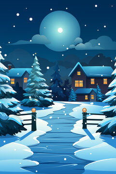  Festive ChristA picturesque winter village scene at night, illuminated by festive Christmas lights and lanterns. The central focus is a beautifully decorated Christmas tree in xmas