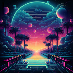 pattern that combines the nostalgia of retro wave aesthetics with elements inspired by classic arcade games