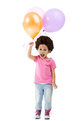 Fototapeta na wymiar Child, portrait or excited with balloons for birthday, happiness or event celebration for fun play in childhood. Girl, smile and face with party decoration and isolated on transparent png background