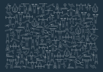 Background from workout, athletic, gym, fitness, calisthenics training exercises icons. Sport symbols. Stylized people making sports in gymnasium. Isolated simple vector illustration