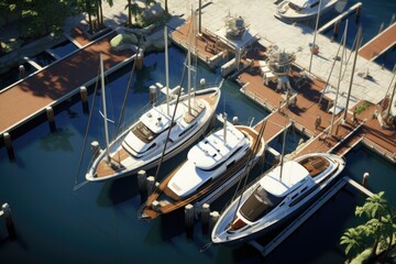 Yachts and boats in the marina. View from above, Aerial view of the old town, Vacation and adventure, Town and sea, AI Generated - Powered by Adobe