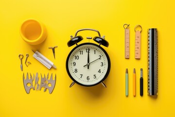 Back to school concept with alarm clock and stationery on yellow background, Yellow backpack with an alarm clock and school equipment, AI Generated