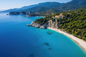 Fototapeta na wymiar Aerial view of beautiful beach in Kefalonia, Greece, An aerial flight with a drone over the famous beach of Kavalikefta on the island of Lefkada in the Ionian Sea in Greece, AI Generated