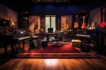 Musical instruments in a music studio. Musical instruments in the room, An indoor recording studio with guitars, amps, and pianos, AI Generated - obrazy, fototapety, plakaty
