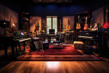 Zelfklevend Fotobehang Musical instruments in a music studio. Musical instruments in the room, An indoor recording studio with guitars, amps, and pianos, AI Generated © Ifti Digital