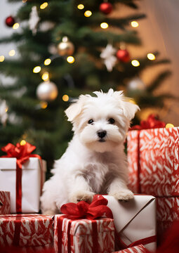 Un perro delante de un árbol de Navidad, al estilo blanco y rojo.