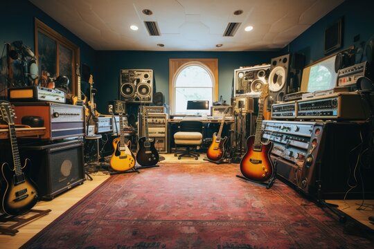 Vintage music studio interior with guitar, amplifier, speakers and vinyl records, An indoor recording studio with guitars, amps, and pianos, AI Generated