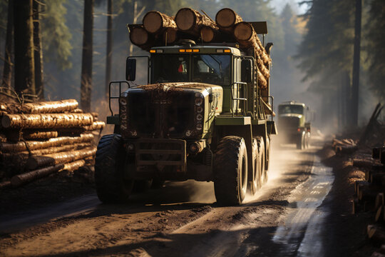  Green logging truck full with logs driving on a dirt road in the woods. Fog in the background.