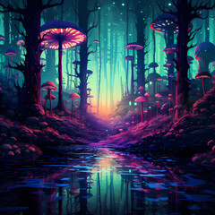 a surreal forest scene using pixelated elements, blending fantasy with a digital aesthetic
