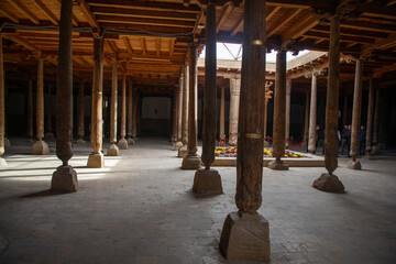 multiple hundred beams in the historical place in Uzbekistan, Khiva, the Khoresm agricultural oasis, Citadel.
