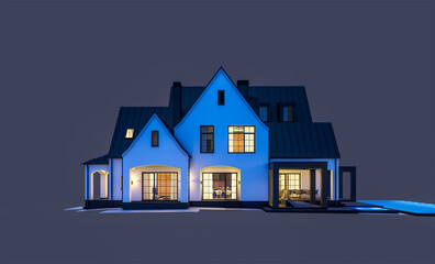 3d rendering of cute cozy white and black modern Tudor style house with parking  and pool for sale or rent with beautiful landscaping. Fairy roofs. In the night  Isolated on black